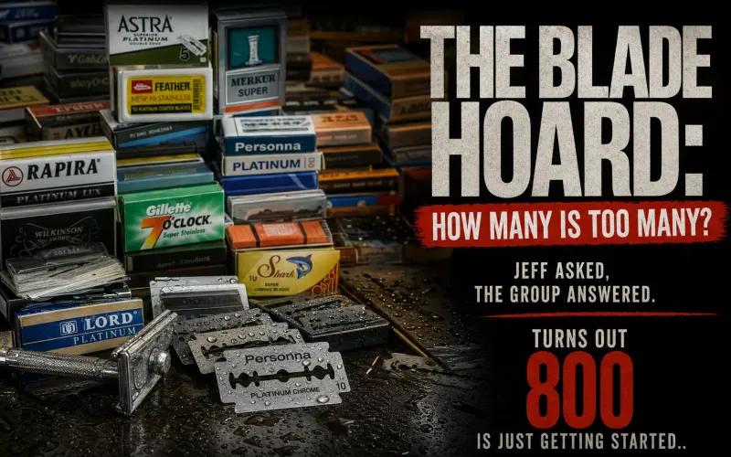 Multiple packs and dispensers of double-edge razor blades arranged to show a wet shaver's blade collection