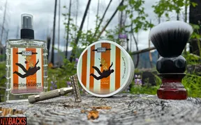 Tobin shaving outdoors above Blue River Reservoir on Memorial Day with PAA Coop soap and the Amber Aerolite brush