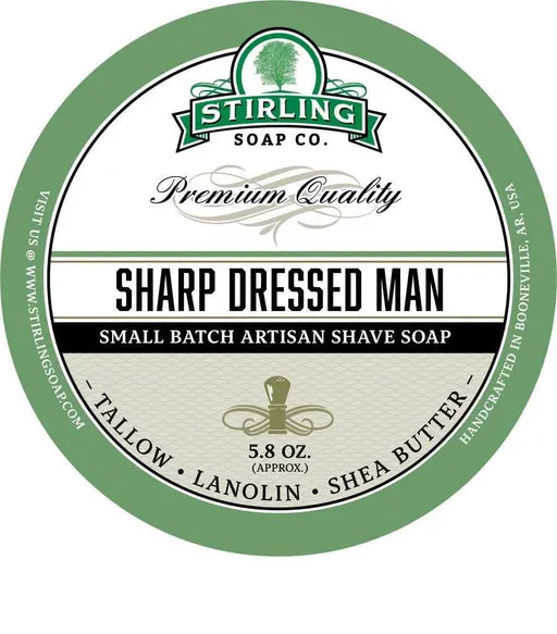 Stirling Soap Co. Sharp Dressed Man shaving soap label with green and white design
