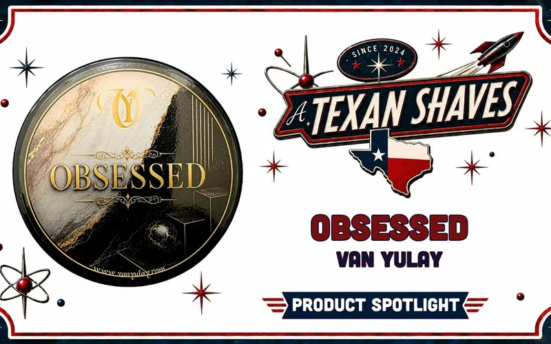 Bottle of Van Yulay Obsessed shave soap and splash featured in the A Texan Shaves video thumbnail