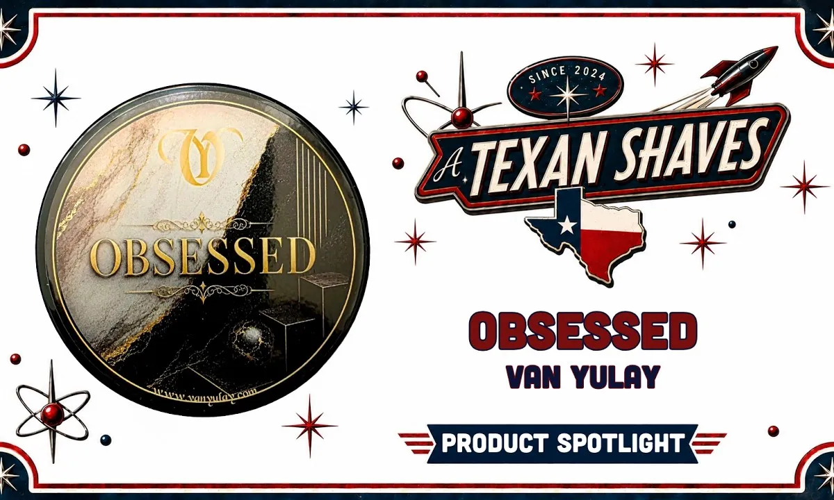 Bottle of Van Yulay Obsessed shave soap and splash featured in the A Texan Shaves video thumbnail
