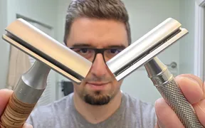 Muhle Rocca R95 and Edwin Jagger 3One6 safety razors displayed side by side for comparison