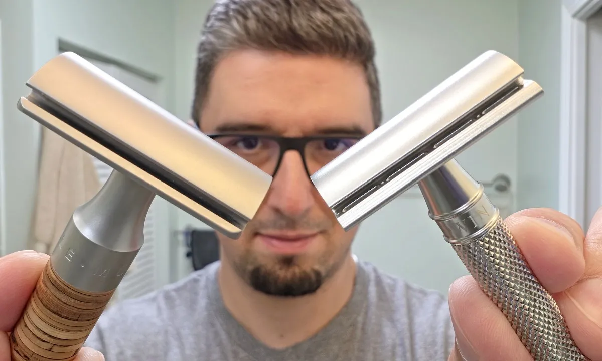 Muhle Rocca R95 and Edwin Jagger 3One6 safety razors displayed side by side for comparison