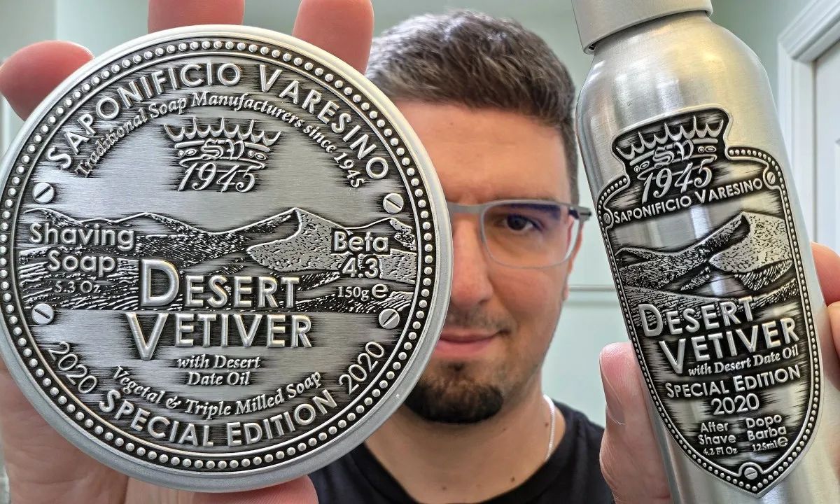 Saponificio Varesino Desert Vetiver soap tin next to the matching splash