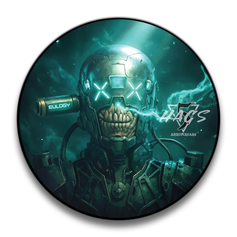 HAGS Eulogy 5th Anniversary shaving soap label, skull inside a mechanical helm pulsing with emerald energy