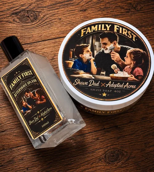 Family First — Shave Dad × Adopted Acres soap and alcohol splash, photographed for the Adopted Acres Instagram announcement