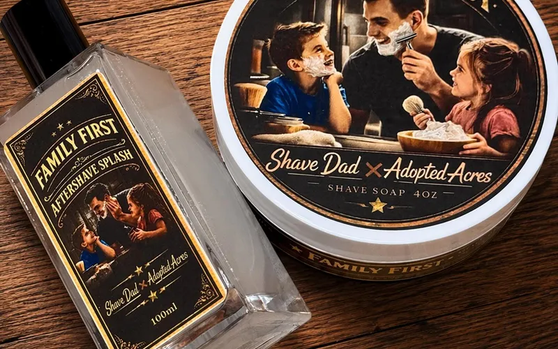 Family First — Shave Dad × Adopted Acres soap and alcohol splash, photographed for the Adopted Acres Instagram announcement