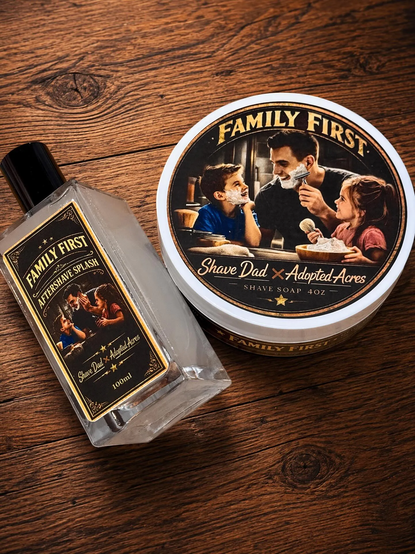 Family First — Shave Dad × Adopted Acres soap and alcohol splash, photographed for the Adopted Acres Instagram announcement