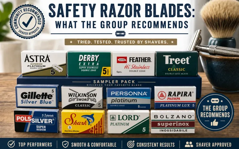 Assortment of double-edge safety razor blades fanned out on a wooden shaving surface