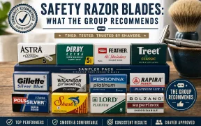 Assortment of double-edge safety razor blades fanned out on a wooden shaving surface