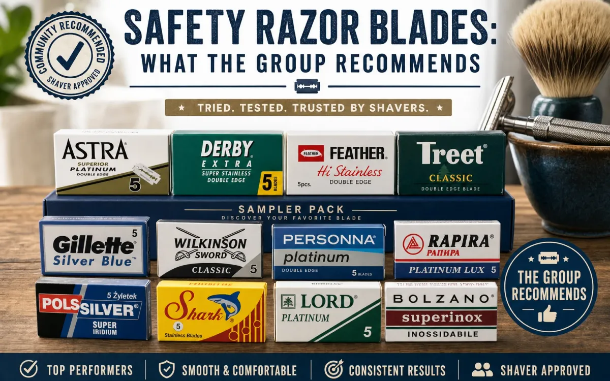 Assortment of double-edge safety razor blades fanned out on a wooden shaving surface