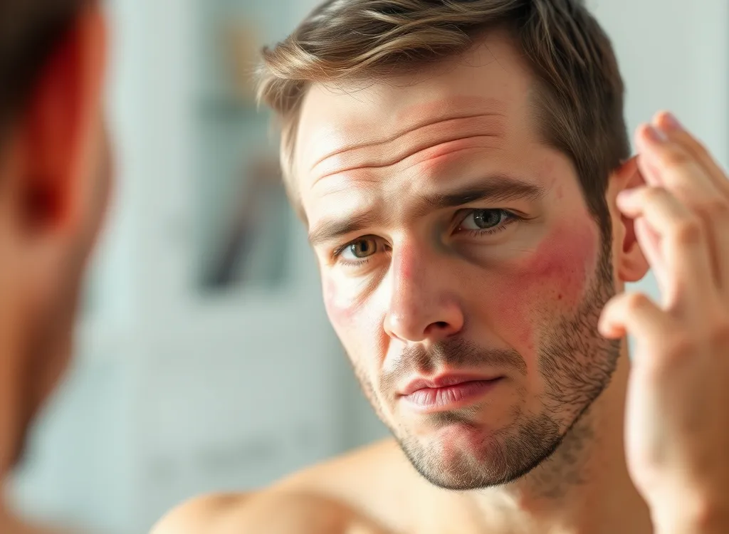 A close-up image of a man with rosacea, highlighting redness on his cheeks, looking into a mirror.