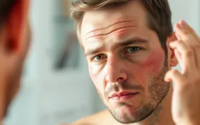 A close-up image of a man with rosacea, highlighting redness on his cheeks, looking into a mirror.