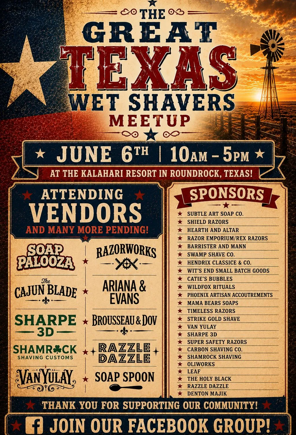 The Great Texas Wet Shavers Meetup flyer. Saturday June 6 from 10am to 5pm at the Kalahari Resort in Round Rock, Texas. Vendors and sponsors listed.