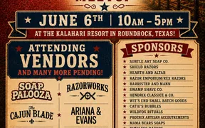Promotional flyer for The Great Texas Wet Shavers Meetup at the Kalahari Resort in Round Rock, June 6 from 10am to 5pm, with a long list of attending vendors and sponsors.