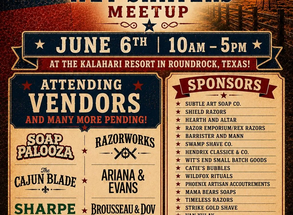Promotional flyer for The Great Texas Wet Shavers Meetup at the Kalahari Resort in Round Rock, June 6 from 10am to 5pm, with a long list of attending vendors and sponsors.