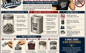 Shave Dad safety-tip infographic headed Shave Smart, Dispose Safely, a simple guide to disposing of razor blades. One panel covers a DIY blade jar: use any empty glass or metal jar, cut a narrow slit in the lid, drop blades in without forcing them, seal tightly with tape when full. A second covers a purpose-built blade bank: designed for used blades, heavy-duty metal, secure and travel-friendly, follow local disposal guidelines when full. A rules panel says never throw loose blades in the trash, drop each used blade straight into a bank or jar, keep out of reach of children, and seal securely with tape before disposing. A five-step strip shows removing the blade with the back end of the razor or tweezers, dropping it into the container, never tossing it loose in the bin, sealing the container when full, and disposing according to local waste guidelines. A closing tip notes that many modern blade tuck boxes have a compartment on the back for storing used blades.