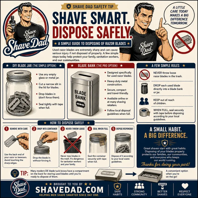Shave Dad safety-tip infographic headed Shave Smart, Dispose Safely, a simple guide to disposing of razor blades. One panel covers a DIY blade jar: use any empty glass or metal jar, cut a narrow slit in the lid, drop blades in without forcing them, seal tightly with tape when full. A second covers a purpose-built blade bank: designed for used blades, heavy-duty metal, secure and travel-friendly, follow local disposal guidelines when full. A rules panel says never throw loose blades in the trash, drop each used blade straight into a bank or jar, keep out of reach of children, and seal securely with tape before disposing. A five-step strip shows removing the blade with the back end of the razor or tweezers, dropping it into the container, never tossing it loose in the bin, sealing the container when full, and disposing according to local waste guidelines. A closing tip notes that many modern blade tuck boxes have a compartment on the back for storing used blades.