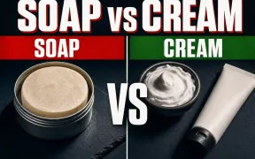 A split composition on a dark slate counter, a round artisan shaving soap puck in a tin on the left under a red SOAP banner, a tube and bowl of shaving cream on the right under a green CREAM banner, a white VS in the center, warm side-light, headline SOAP vs CREAM in white block letters across the top