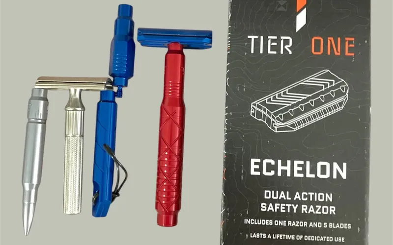 The Tier One Echelon dual-action safety razor shown alongside three handle options next to the Echelon retail box on a light gray background