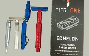 The Tier One Echelon dual-action safety razor shown alongside three handle options next to the Echelon retail box on a light gray background