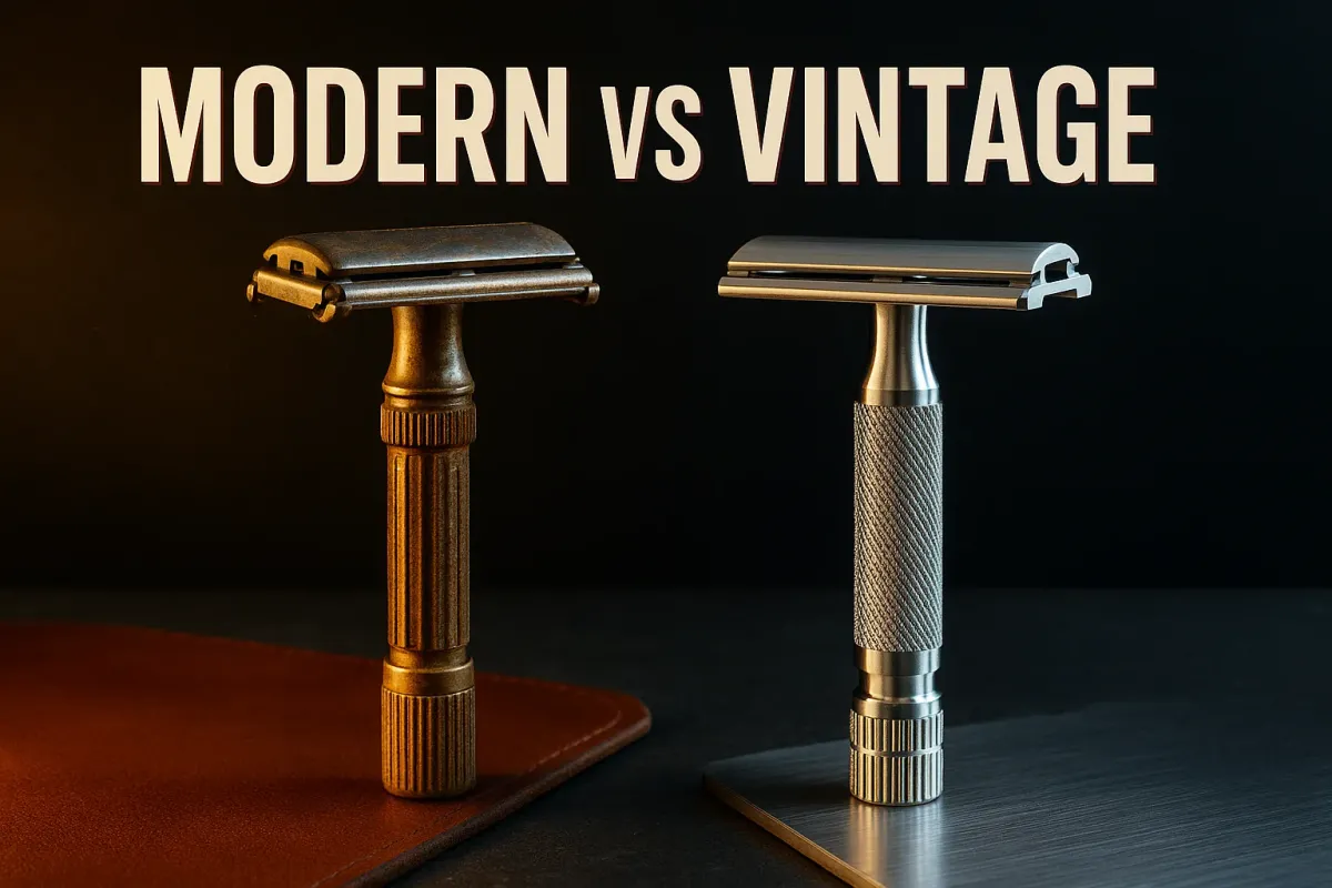 A worn vintage safety razor and a pristine modern machined razor facing each other on dark slate, warm and cool split light, under the headline Modern vs Vintage