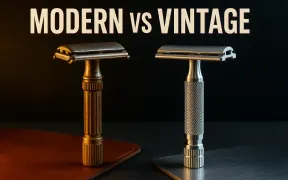 A worn vintage safety razor and a pristine modern machined razor facing each other on dark slate, warm and cool split light, under the headline Modern vs Vintage