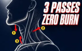White side-profile line drawing of a bearded jaw and neck on a deep navy background, three thick red directional arrows on the neck pointing down under the jaw, outward on the side, and up near the Adams apple, each arrow with a yellow number badge 1 2 3, headline 3 PASSES ZERO BURN in white block letters with a red drop shadow across the top right