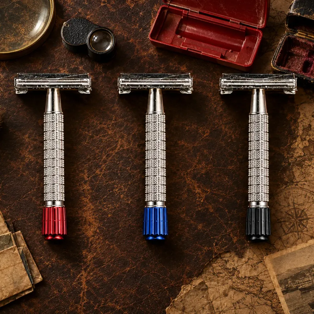An overhead flat lay of three vintage flare tip twist to open safety razors with red, blue and black flared tips, laid side by side on worn leather and a faded map, surrounded by a brass magnifying glass, a jewellers loupe, two open razor cases, a stack of aged blade packets, two badger shaving brushes and antique postcards.