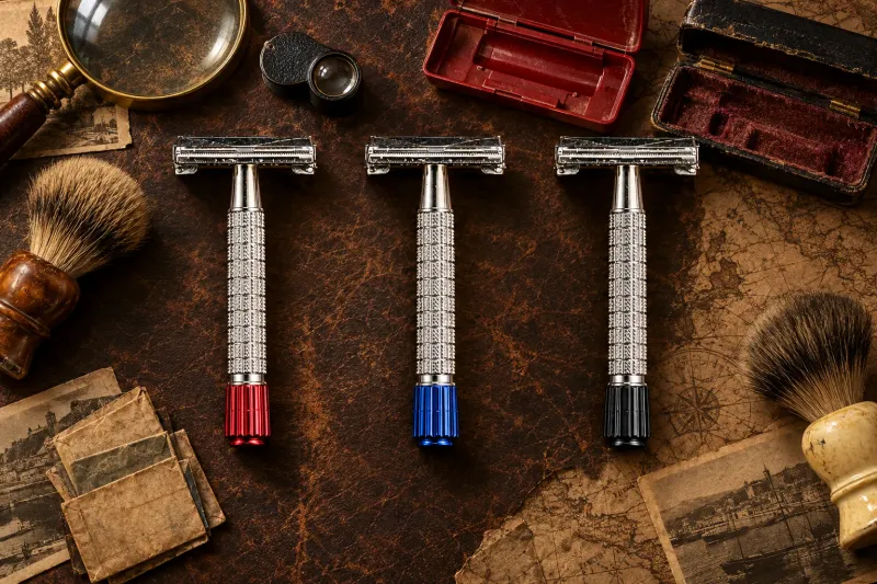 An overhead flat lay of three vintage flare tip twist to open safety razors with red, blue and black flared tips, laid side by side on worn leather and a faded map, surrounded by a brass magnifying glass, a jewellers loupe, two open razor cases, a stack of aged blade packets, two badger shaving brushes and antique postcards.