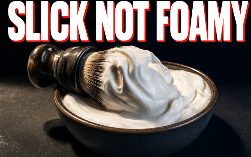 A shaving brush loaded with thick glossy white lather resting on the rim of a lather bowl on a dark slate counter, soft peaks of lather standing up, warm side-light, headline SLICK NOT FOAMY in white block letters with a red drop shadow across the top