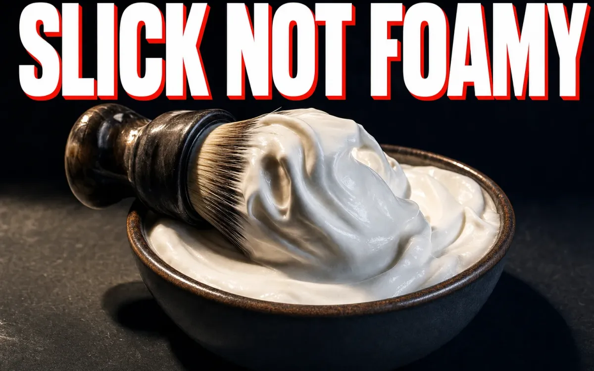 A shaving brush loaded with thick glossy white lather resting on the rim of a lather bowl on a dark slate counter, soft peaks of lather standing up, warm side-light, headline SLICK NOT FOAMY in white block letters with a red drop shadow across the top