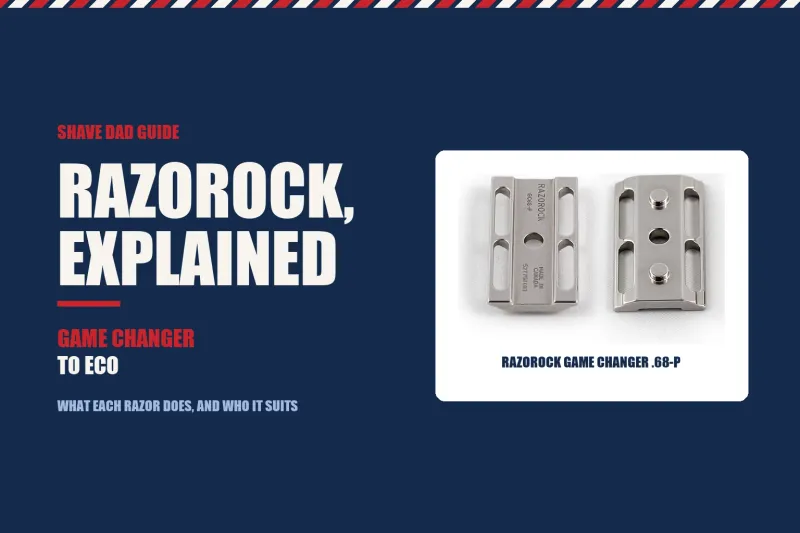The RazoRock Game Changer .68-P stainless base plate and top cap on a white card against navy, under the headline RazoRock, Explained