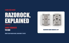The RazoRock Game Changer .68-P stainless base plate and top cap on a white card against navy, under the headline RazoRock, Explained