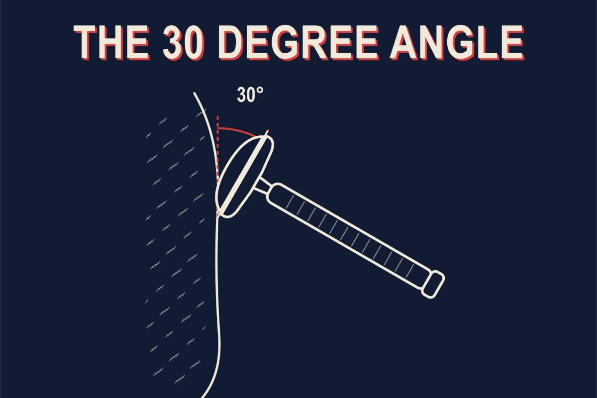 A bone-white technical line diagram on a deep navy background of a double-edge safety razor in side profile against a stubbled cheek line, the cap dome toward the skin, blade tips visible past the cap, ringed handle angled down and away, and a red protractor arc between the face line and the blade plane labeled 30 degrees, headline THE 30 DEGREE ANGLE in white block letters with a red drop shadow across the top