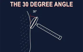 A bone-white technical line diagram on a deep navy background of a double-edge safety razor in side profile against a stubbled cheek line, the cap dome toward the skin, blade tips visible past the cap, ringed handle angled down and away, and a red protractor arc between the face line and the blade plane labeled 30 degrees, headline THE 30 DEGREE ANGLE in white block letters with a red drop shadow across the top