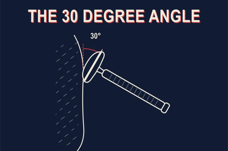 A bone-white technical line diagram on a deep navy background of a double-edge safety razor in side profile against a stubbled cheek line, the cap dome toward the skin, blade tips visible past the cap, ringed handle angled down and away, and a red protractor arc between the face line and the blade plane labeled 30 degrees, headline THE 30 DEGREE ANGLE in white block letters with a red drop shadow across the top