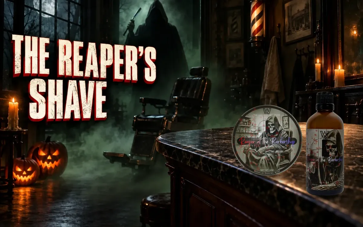 The Reaper's Shave: the Reaper at the Barbershop shaving soap and aftershave splash on a marble counter in a foggy barbershop, a hooded reaper and jack-o'-lanterns behind them