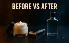 A pre-shave cream tub and an aftershave bottle facing each other on slate, split warm and cool lighting, under the headline Before vs After