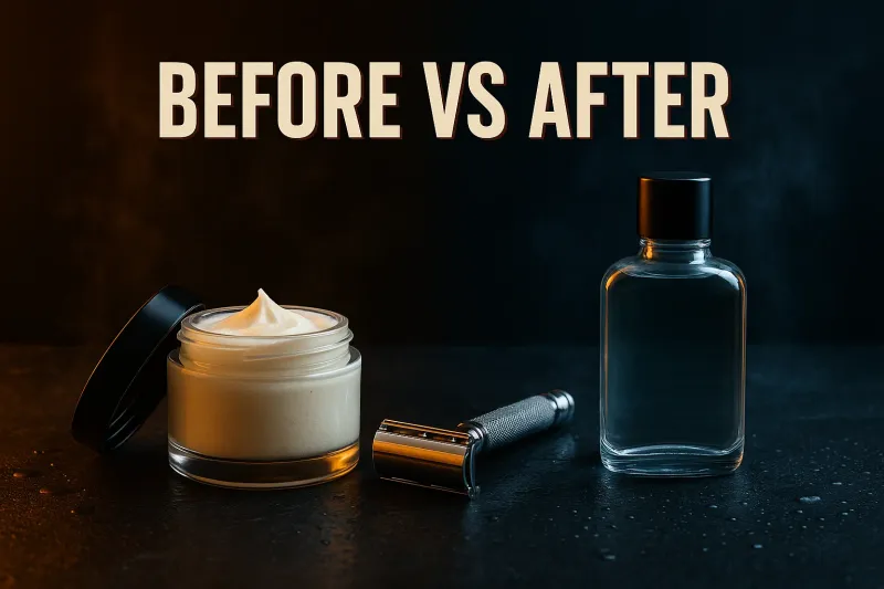 A pre-shave cream tub and an aftershave bottle facing each other on slate, split warm and cool lighting, under the headline Before vs After
