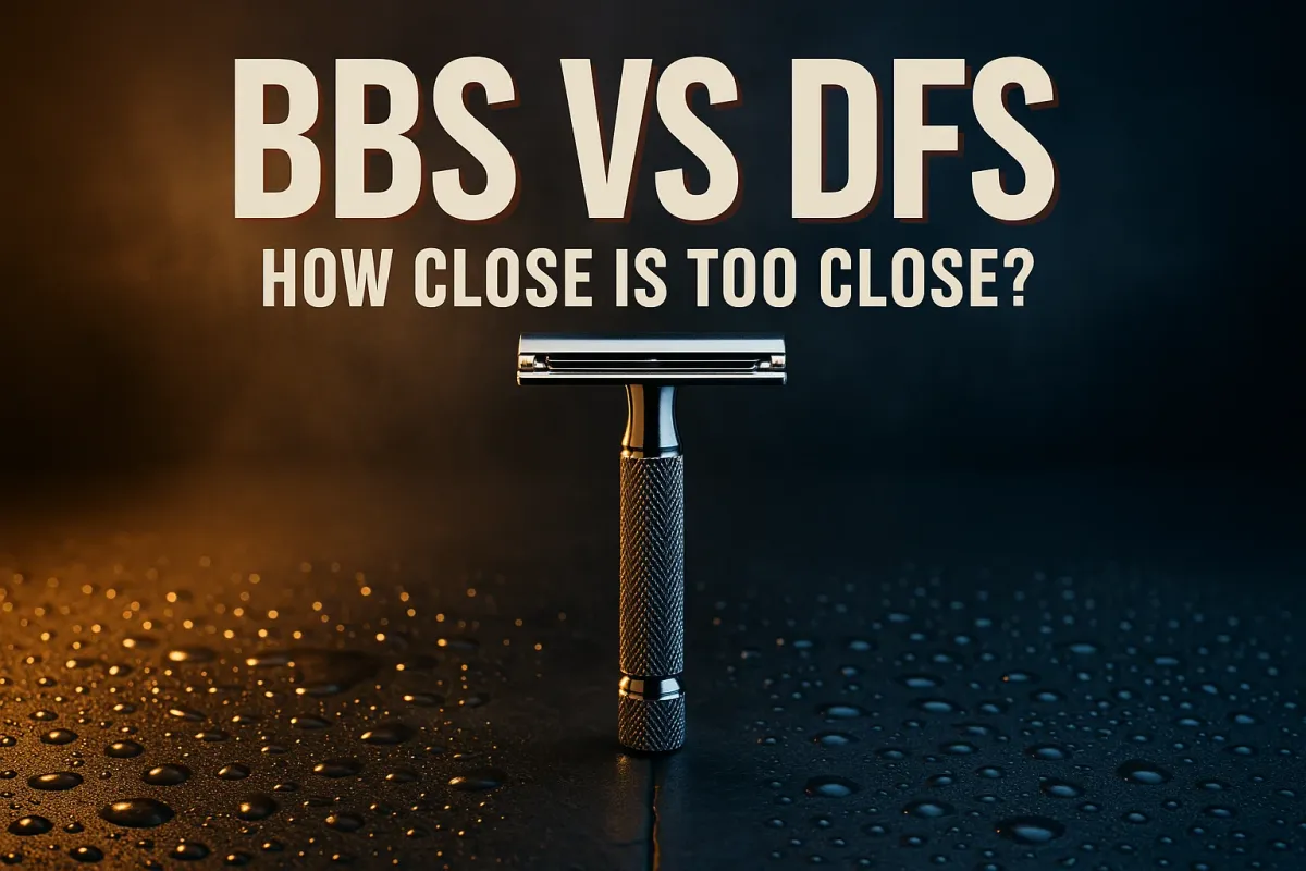 A chrome safety razor standing centered on wet slate, lit warm gold on one side and cool blue on the other, under the headline BBS vs DFS, how close is too close