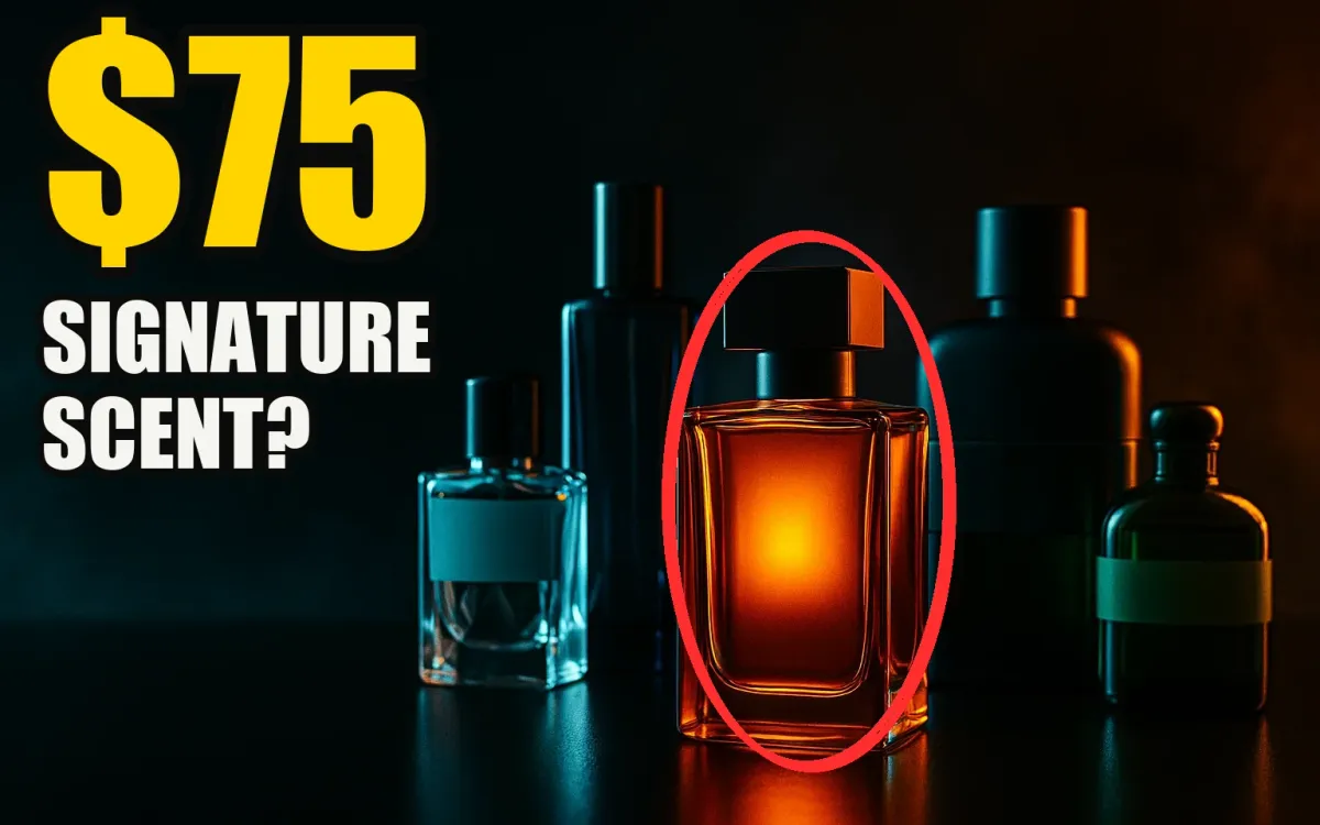 YouTube thumbnail style image of five cologne bottles under dramatic teal and orange light, a glowing amber bottle circled in red, with a large yellow 75 dollar headline asking about a signature scent