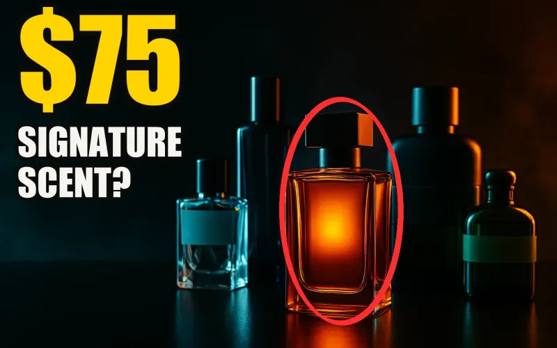 YouTube thumbnail style image of five cologne bottles under dramatic teal and orange light, a glowing amber bottle circled in red, with a large yellow 75 dollar headline asking about a signature scent