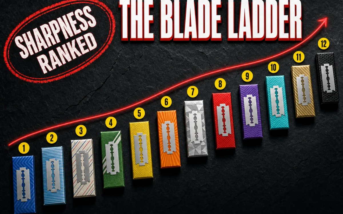 Twelve numbered DE blade wrappers arranged as a diagonal ladder climbing left to right on a black slate background, each wrapper a different color and pattern, red curved arrow tracing an ascending line above them, small yellow number badges 1 through 12 above each blade, SHARPNESS RANKED stamp in the upper left, THE BLADE LADDER headline in white block letters across the top with a red drop shadow