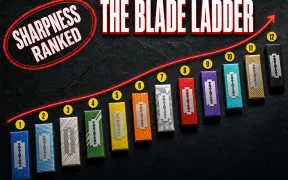 Twelve numbered DE blade wrappers arranged as a diagonal ladder climbing left to right on a black slate background, each wrapper a different color and pattern, red curved arrow tracing an ascending line above them, small yellow number badges 1 through 12 above each blade, SHARPNESS RANKED stamp in the upper left, THE BLADE LADDER headline in white block letters across the top with a red drop shadow