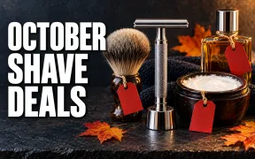 October Shave Deals key art: a double-edge safety razor, shaving brush, soap tub and aftershave bottle on a dark counter with red sale tags