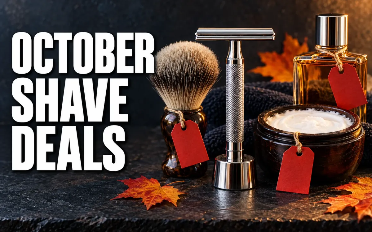 October Shave Deals key art: a double-edge safety razor, shaving brush, soap tub and aftershave bottle on a dark counter with red sale tags