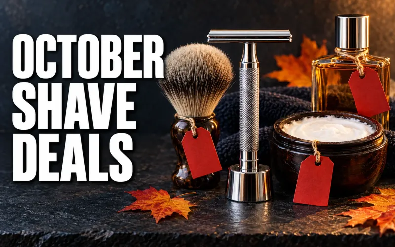 October Shave Deals key art: a double-edge safety razor, shaving brush, soap tub and aftershave bottle on a dark counter with red sale tags