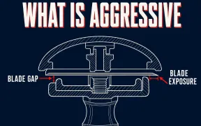 A cross-section side view of a double-edge razor head as a clean white line diagram on a deep navy background, a red arrow labeling the blade gap between the cap and baseplate and a second red arrow labeling blade exposure, headline WHAT IS AGGRESSIVE in white block letters with a red drop shadow across the top