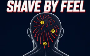 A clean white line drawing of the back and top of a bald head on a deep navy background, curved red arrows over the scalp showing hair growing in several directions with small yellow number badges 1 2 3, headline SHAVE BY FEEL in white block letters with a red drop shadow across the top